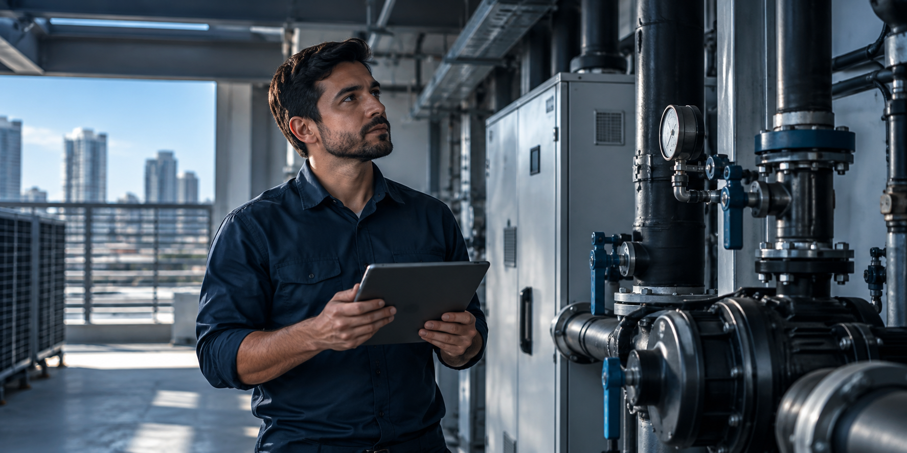 Técnico de inspeção em campo utilizando tablet junto à tubulação e válvulas de gás
